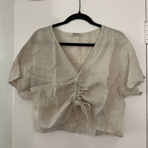 Moa Moll Ruched V-Neck Cream Linen Crop Top